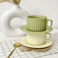 ست ماگ و بشقاب شیاردار – سرامیک وارداتی – رنگ شیری و سبز پسته ای – طراحی مدرن و شیک